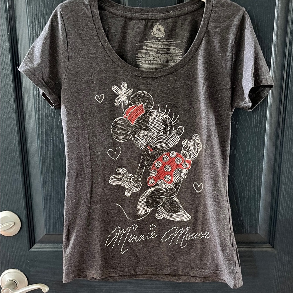 EUC dark Gray Minnie Mouse rhinestone design  T-Shirt Fitted Mediym